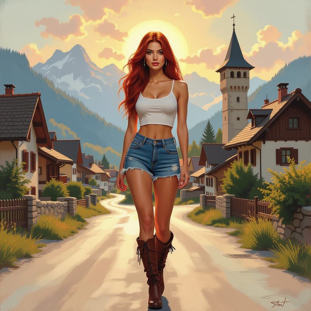 Red-Haired Woman on Alpine Road: Oil Painting