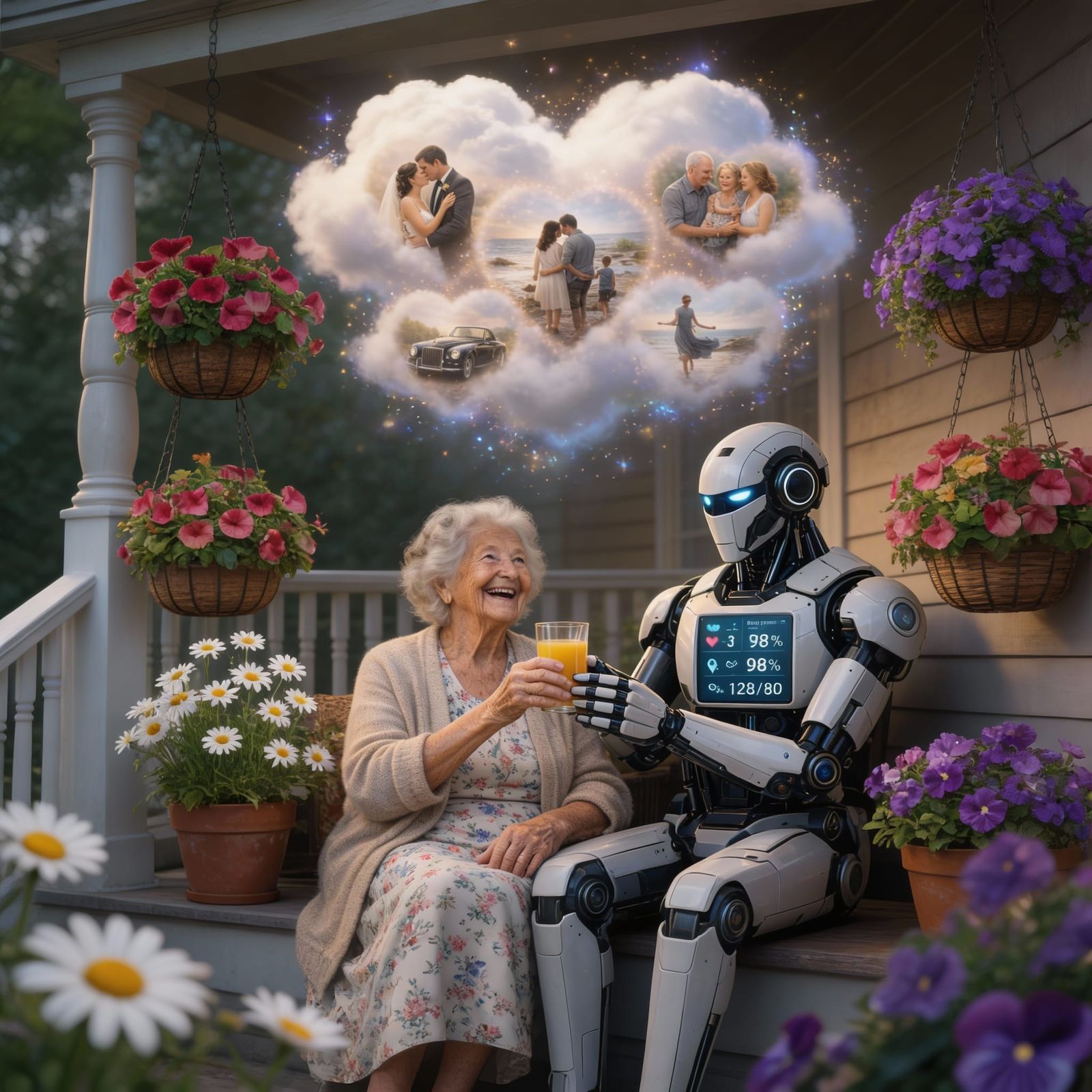 Elderly Woman Shares Joyful Memories with Robot Companion