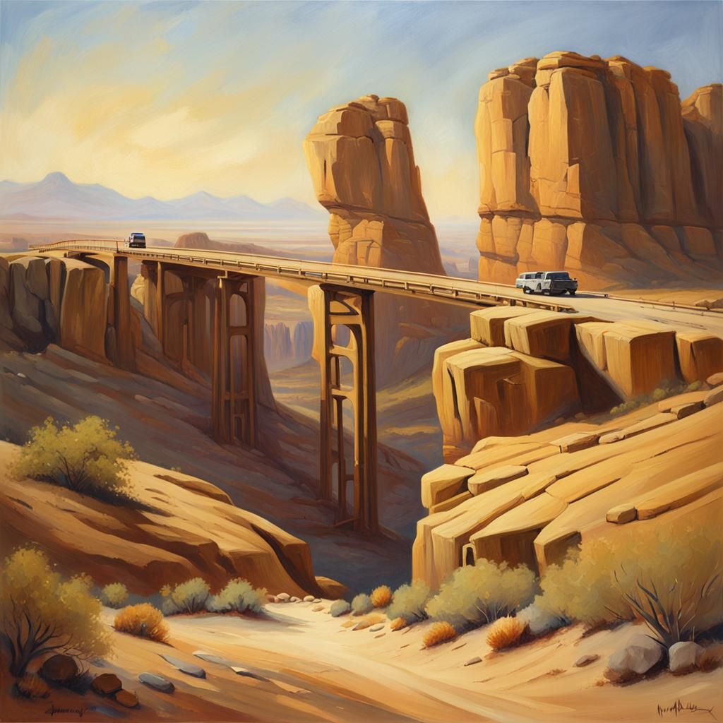 Desert Bridge Oil Painting in Hudson River School Style
