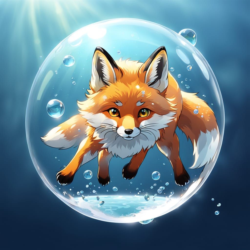 Fox Dives from a Shattered Water Sphere