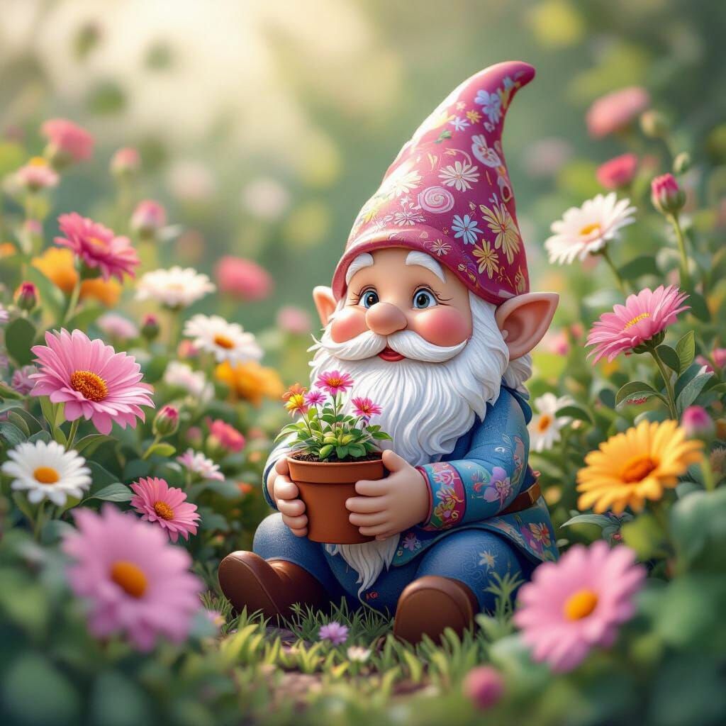 Cute Gnome in Lush Garden with Fractal Art