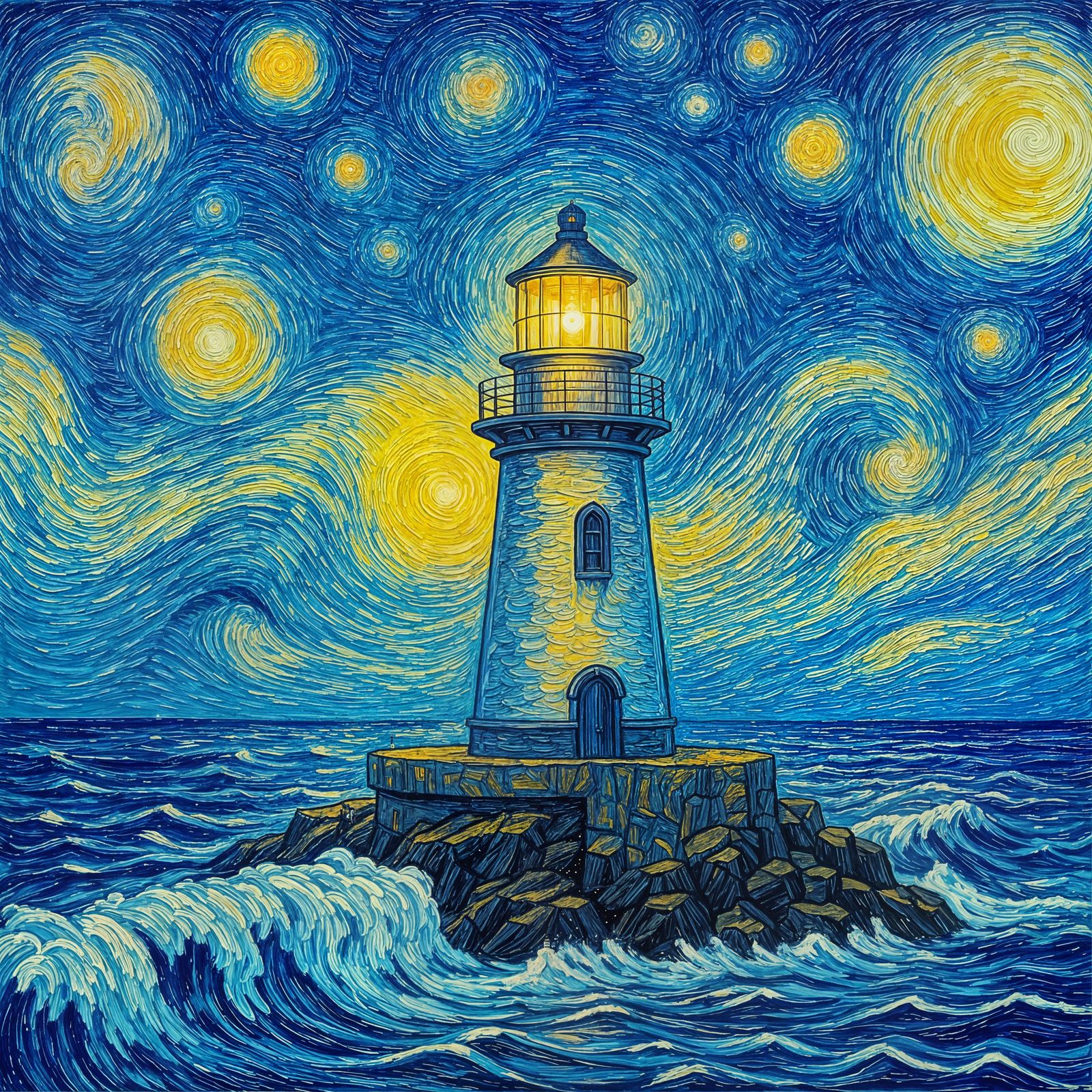 Lighthouse Amidst Starry Night Sky in Impasto Style