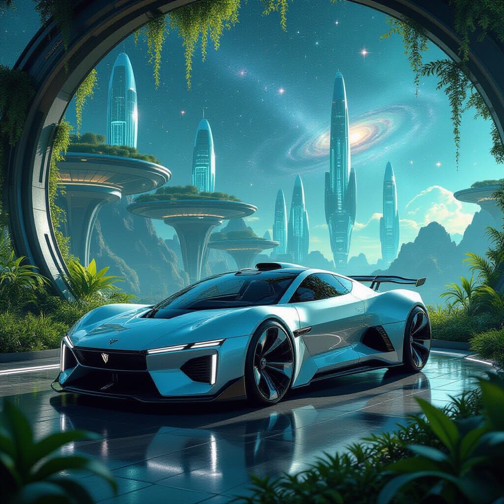 Futuristic Space Car with Glowing Garden in Cosmic Setting