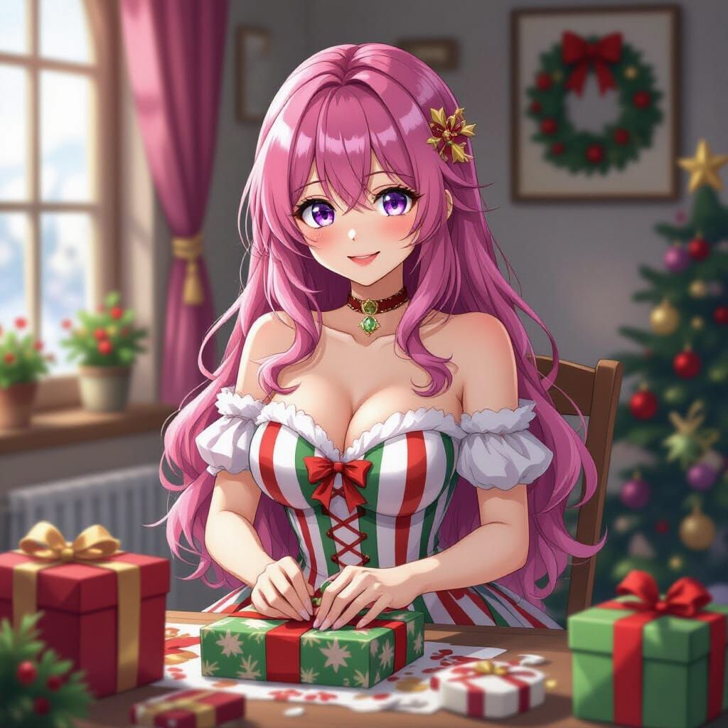 Pink Haired Woman Wrapping Gifts in Alcohol Ink Style