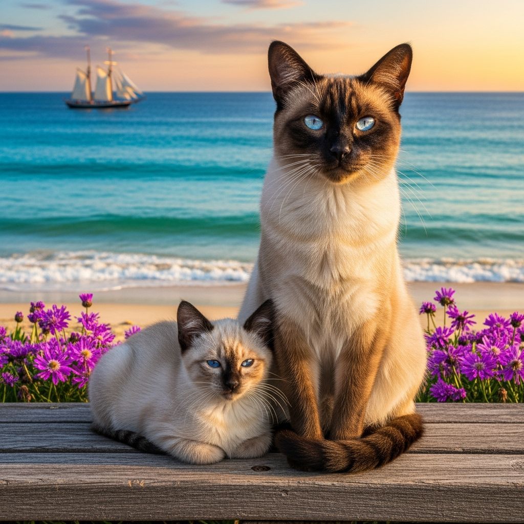 Siamese Cat Family on Beach Bench at Sunset