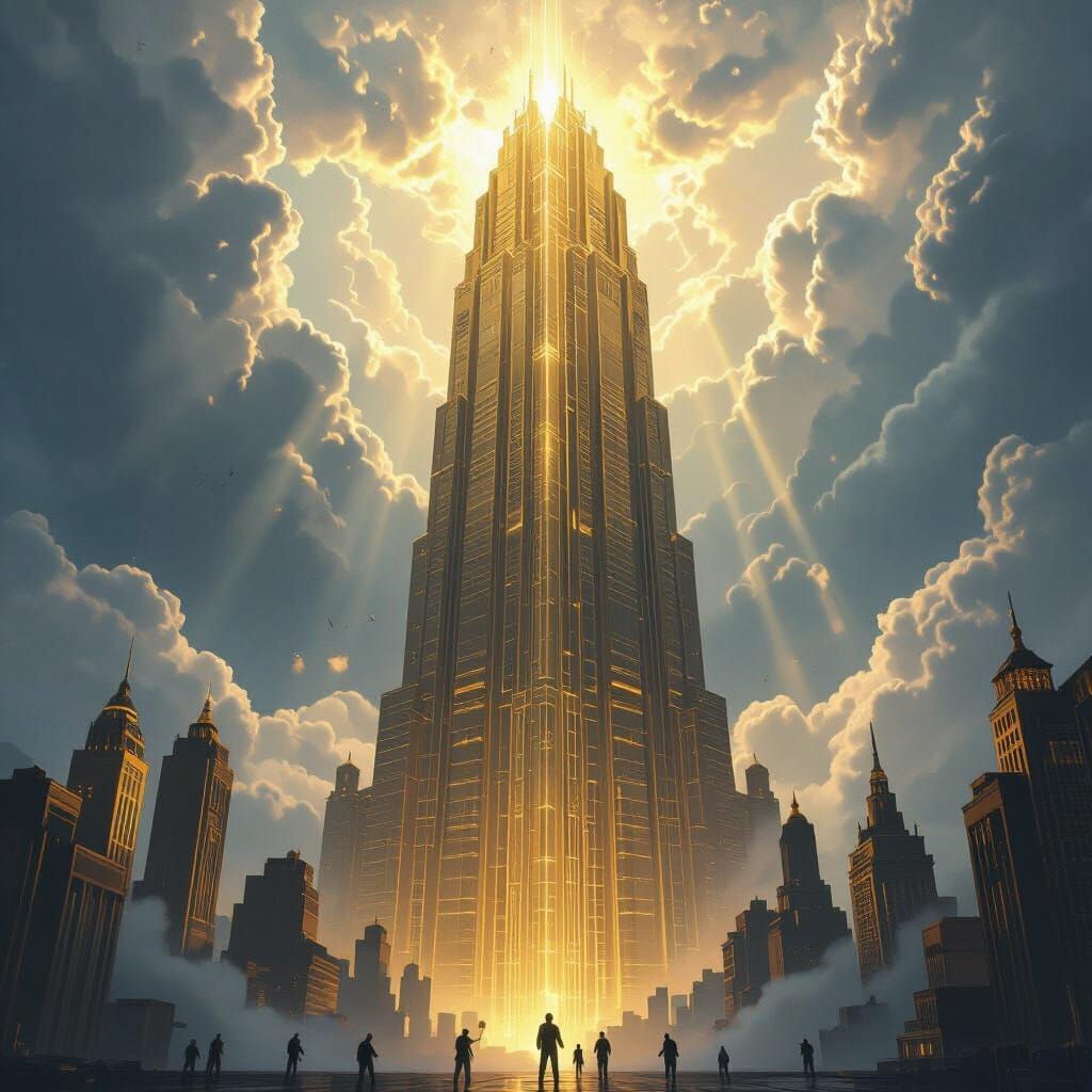 Art Deco Tower of Babel in Stormy Sky