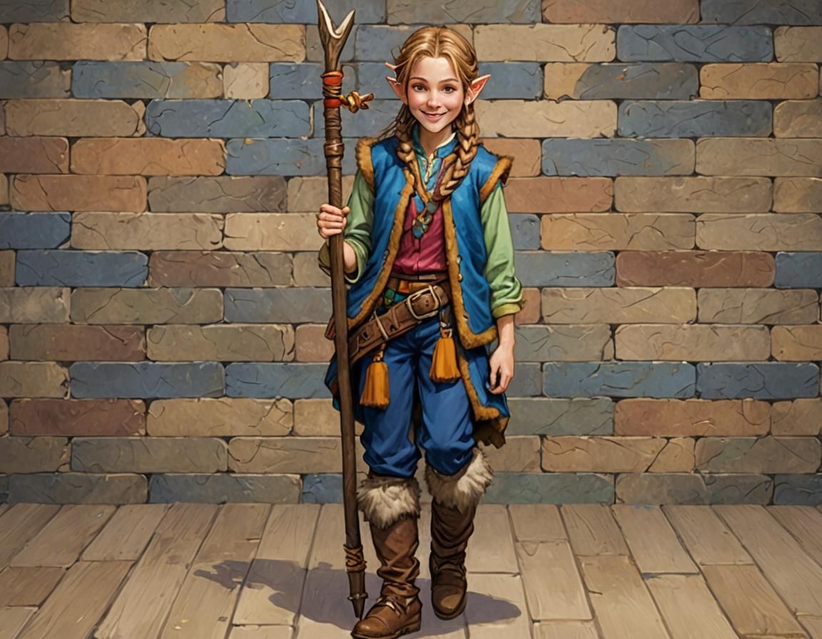 Happy Kender Girl with Hoopak in Dragonlance Setting