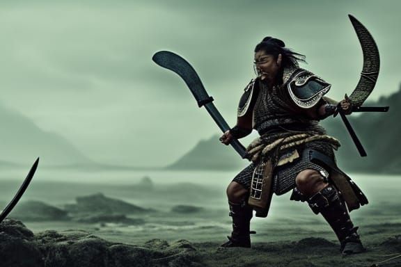 Epic Samurai Viking Battle in Stormy Landscape