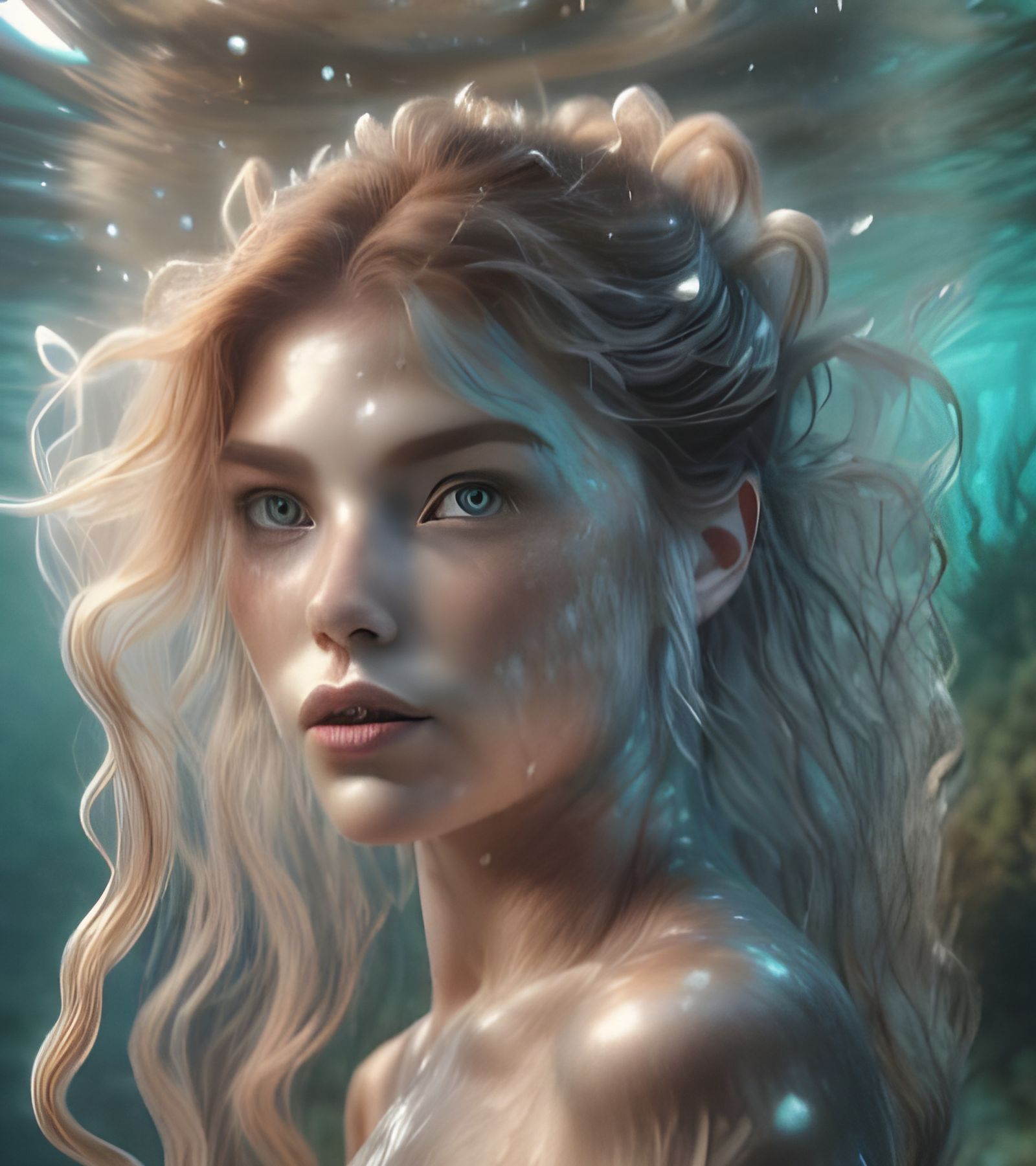 Underwater Portrait of a Woman with Shimmering Hair