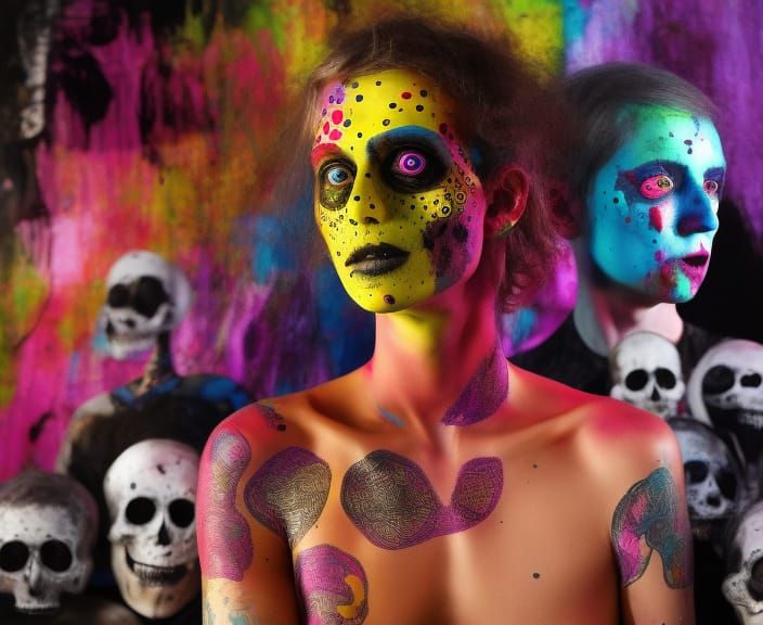 Colorful Trash Polka Skull in Surreal Style