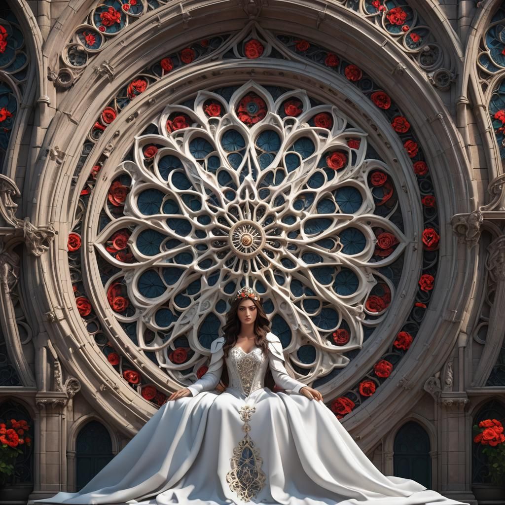 Symmetrical Woman in Rose Window: Detailed Matte Painting