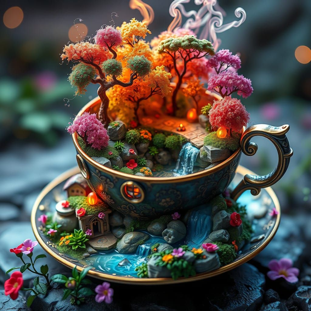 Whimsical Teacup Wonderland in Vibrant Realism