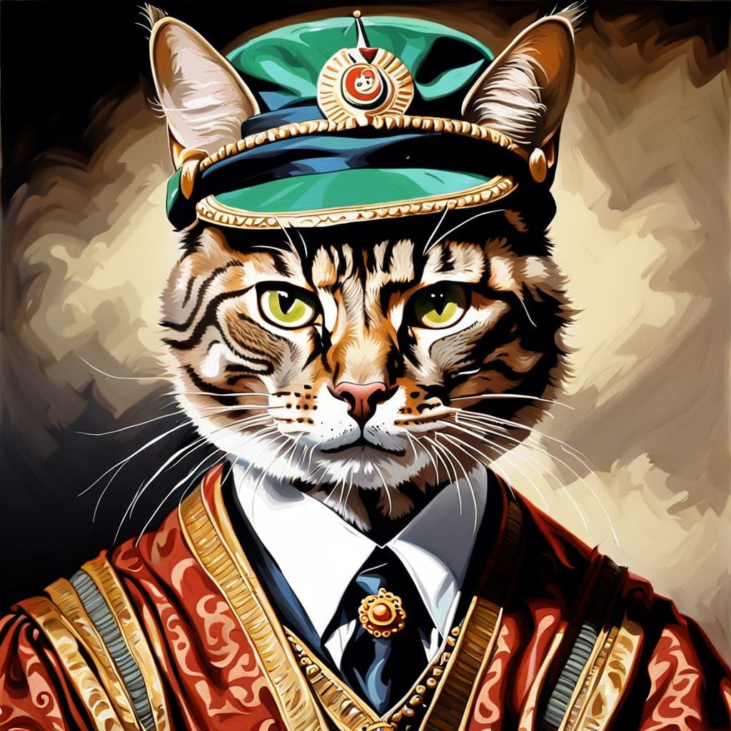 Gaddafi as Disgusted Tabby Cat Oil Portrait