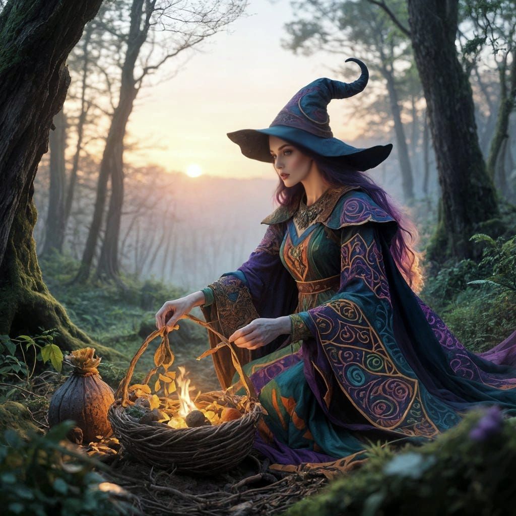 Colorful Sorceress Gathering at Dawn in Forest