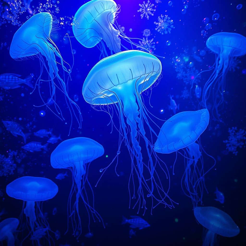 Electric Blue Jellyfish Dance Through Underwater Abyss