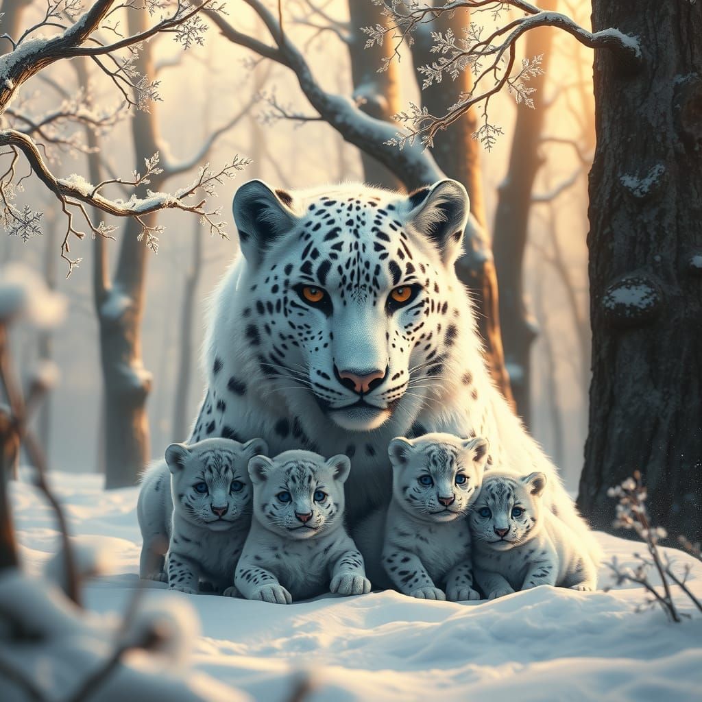 Snowy Forest Hybrid Family in Matte Painting Style