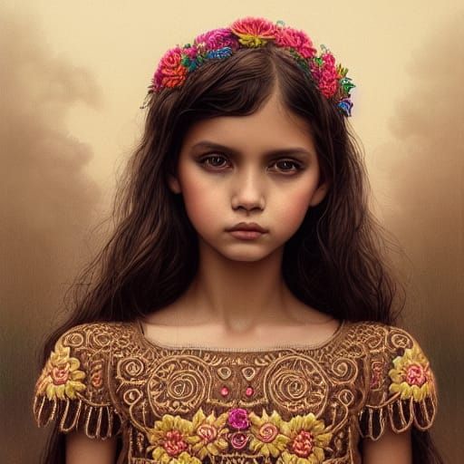 Mexican Girl in Embroidered Dress, Digital Illustration