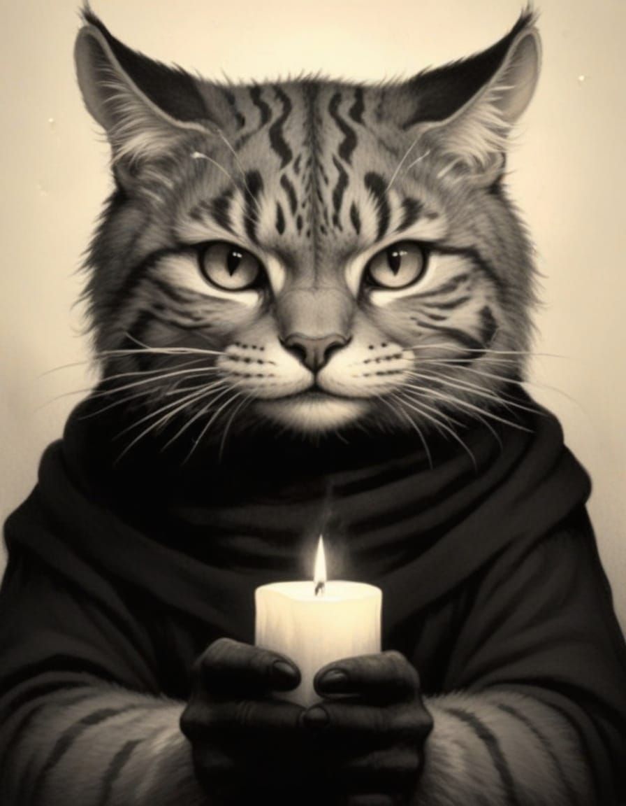 Mysterious Feline Monk in 17th Century Etching Style