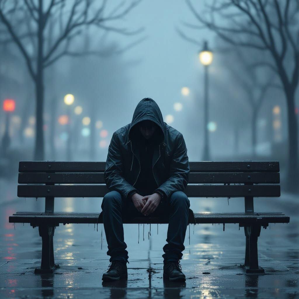 Solitary Figure in Rain: Digital Art Style