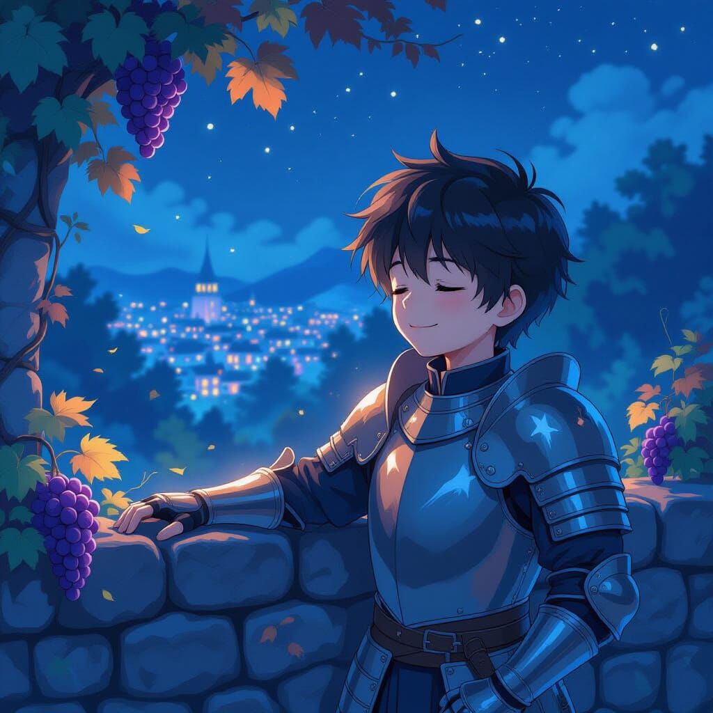 Anime Boy in Shining Armor in Autumn Garden