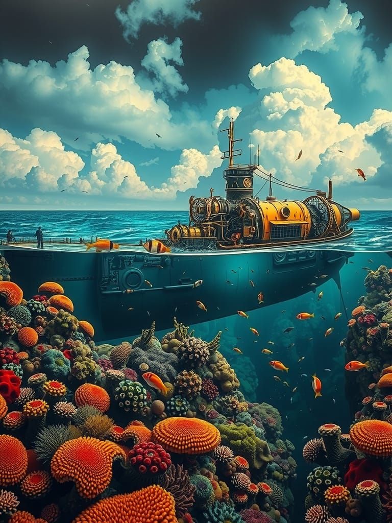 Dieselpunk Steampunk U-Boat in Coral Reef