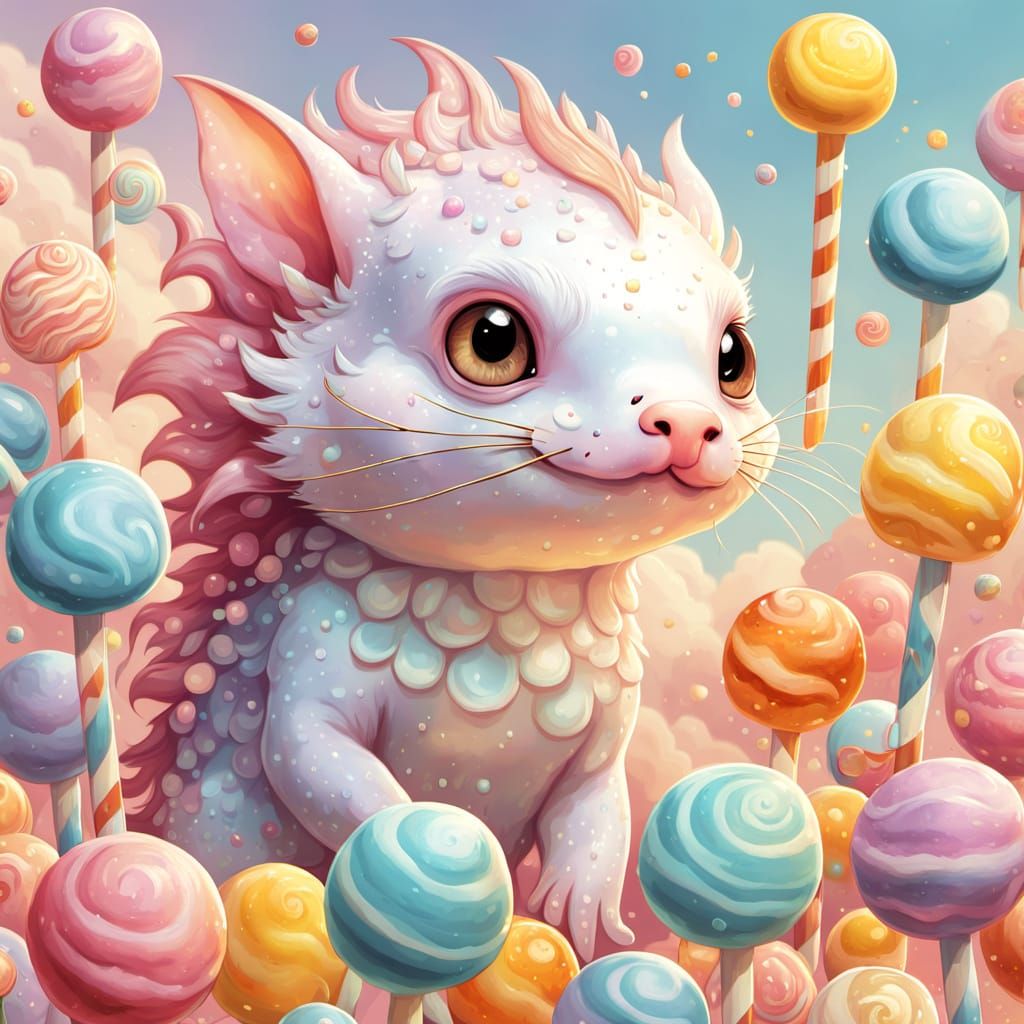 Whimsical Gouache Axolotl in Candyland Wonderland