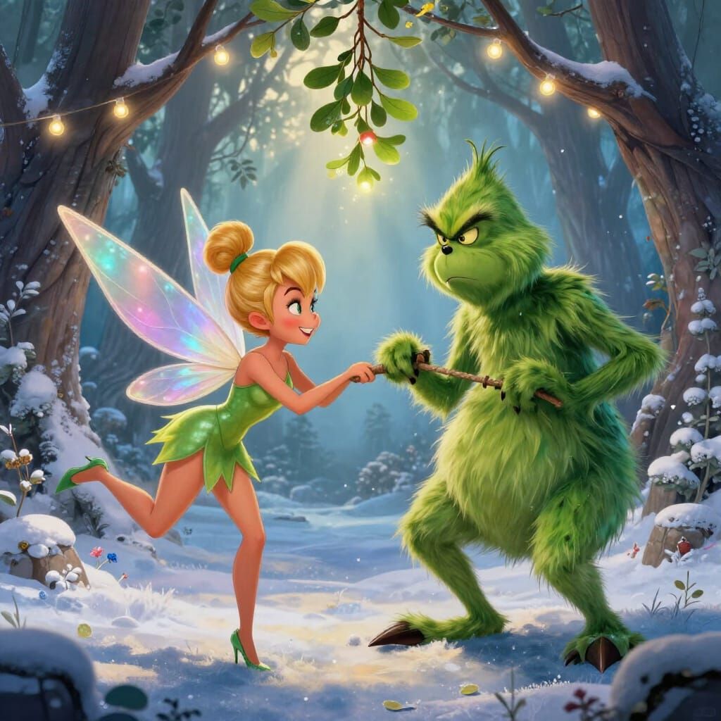Tinkerbell and Grinch Clash Under Mistletoe