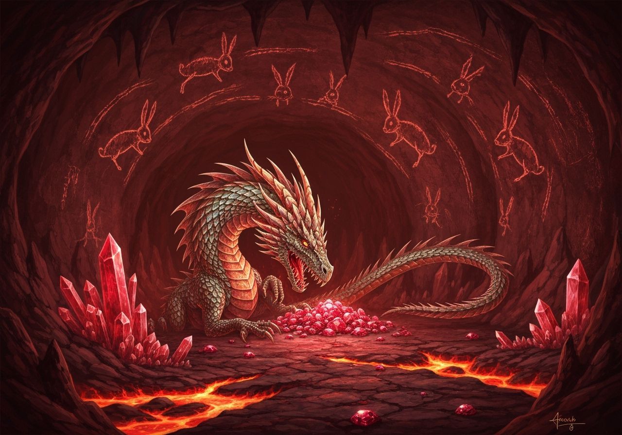 Fire Opal Dragon Guarding Ruby Hoard in Volcanic Cave