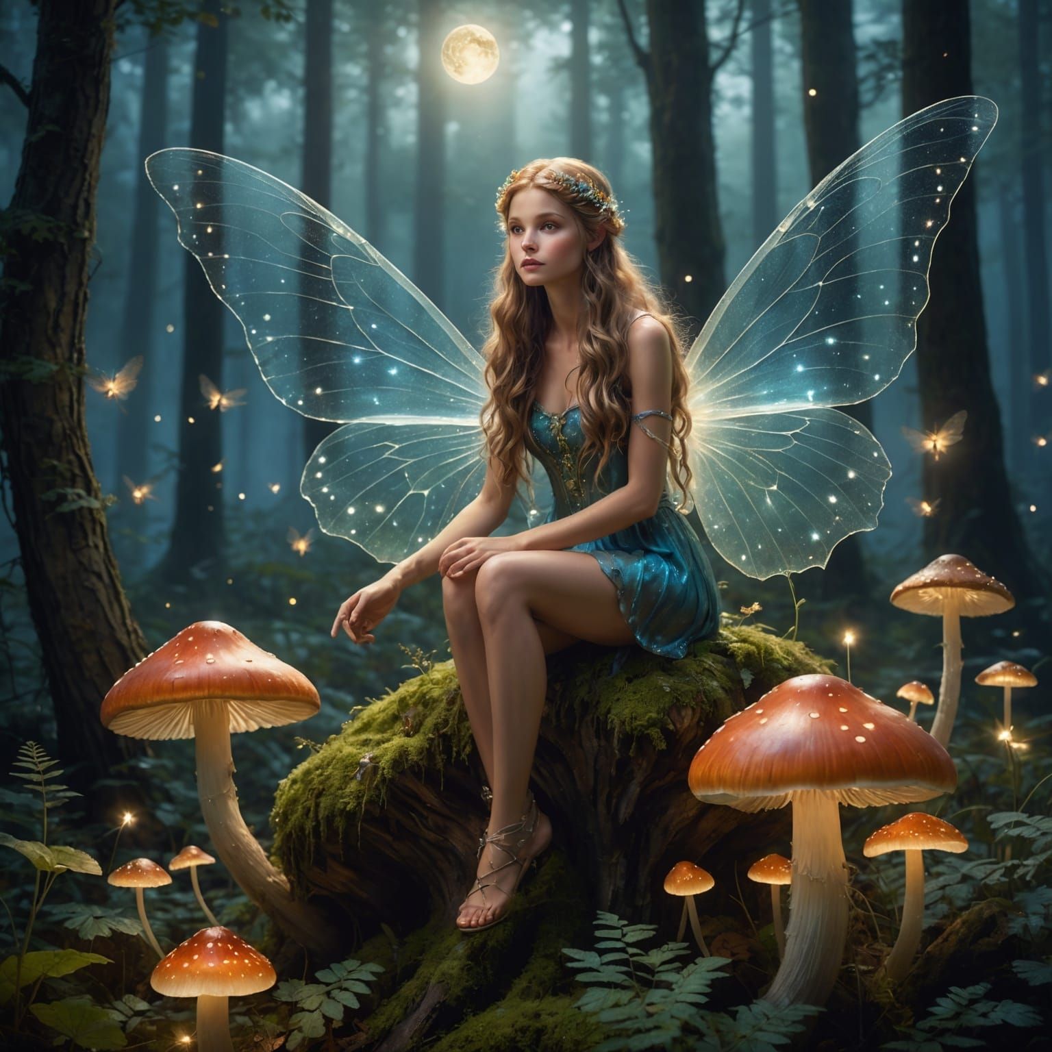 Enchanting Fairy on Mushroom in Moonlit Forest