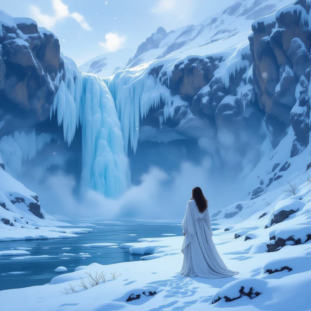 Woman by Frozen Waterfall in Snowy Landscape