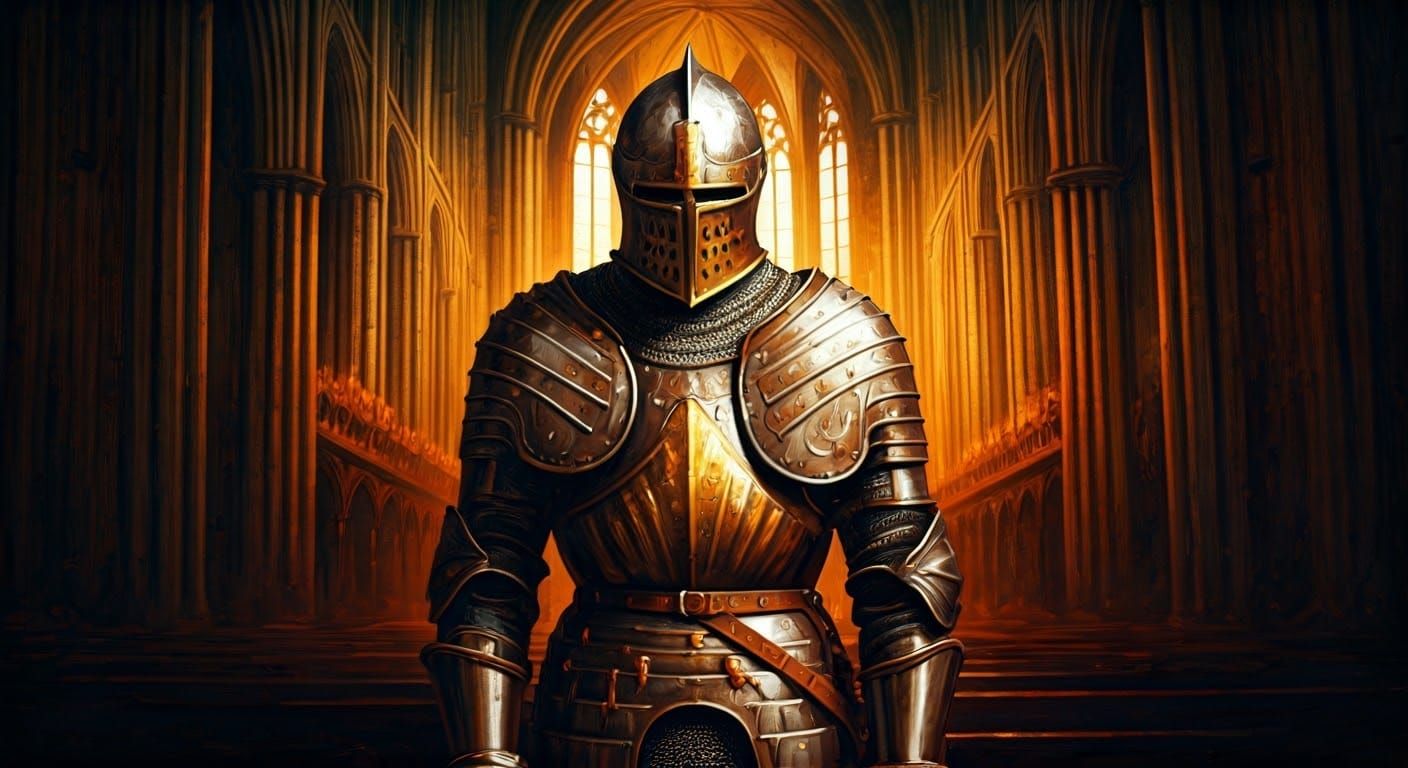 Medieval Knight in Cathedral, Oil Painting Style