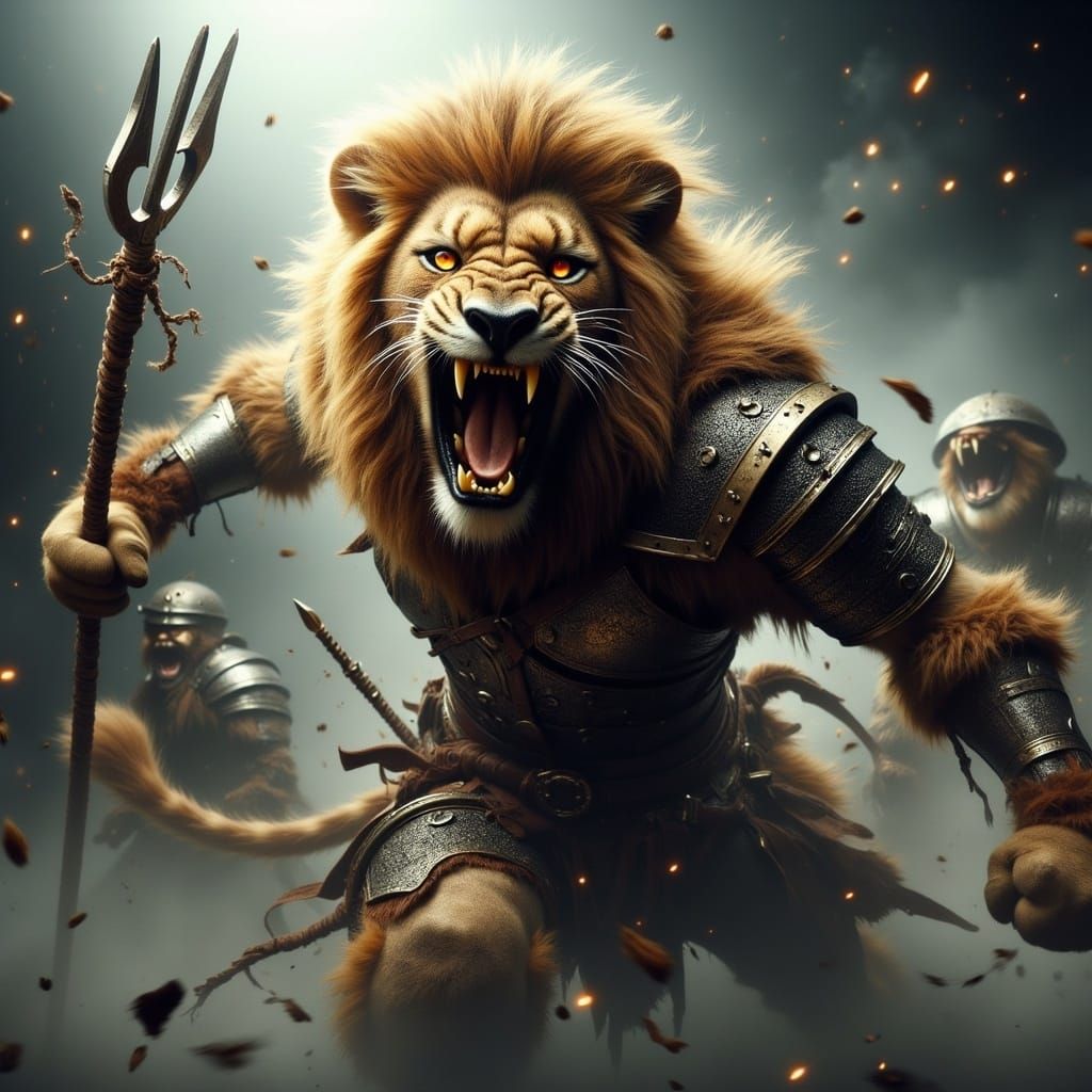 Armored Lion Gladiator Gripping Trident