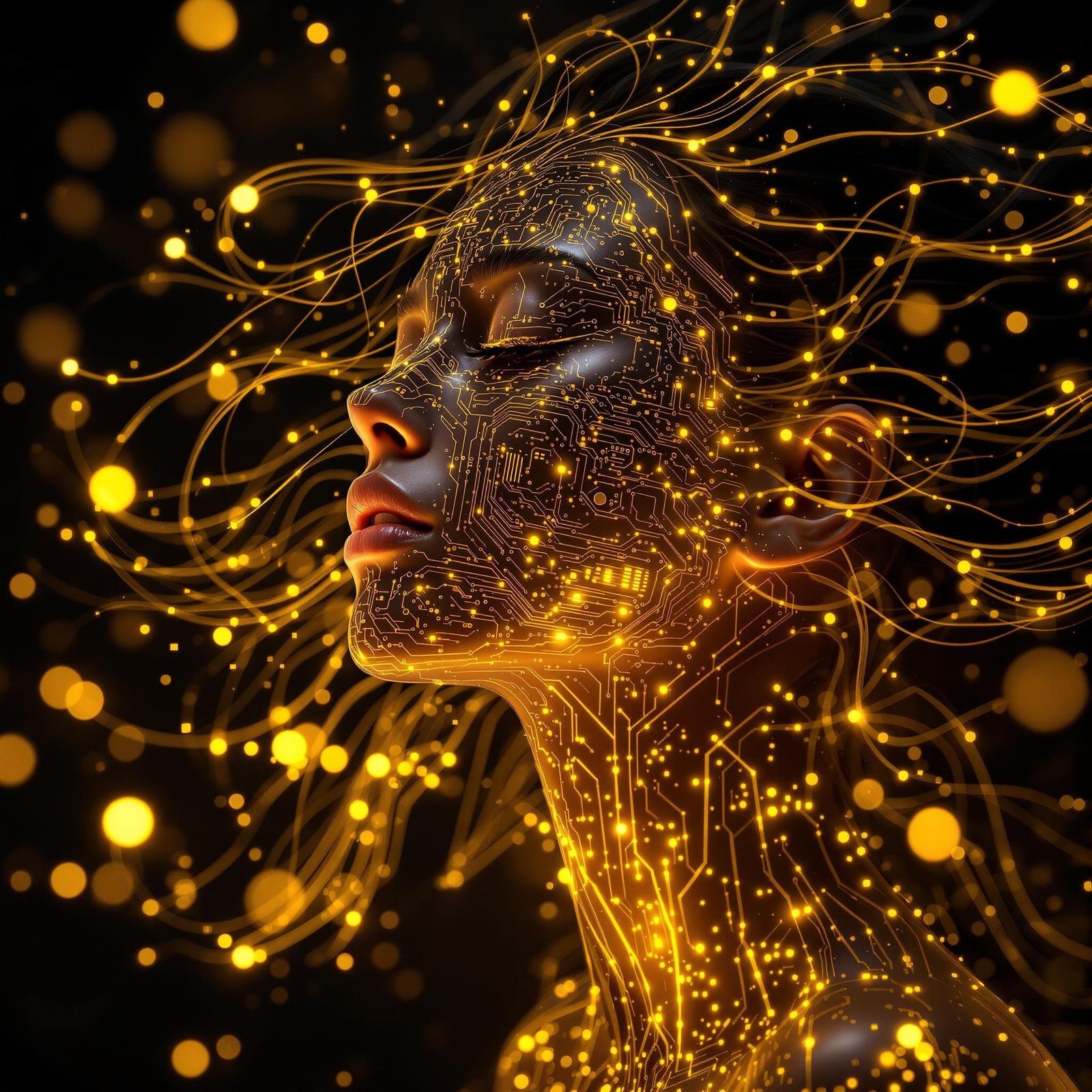 Ethereal Cyberpunk Woman with Golden Circuitry