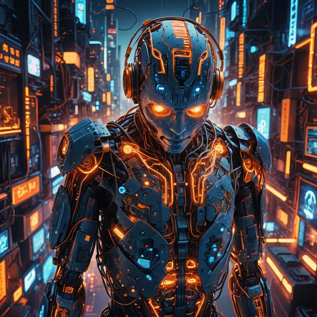 AI Humanoid in Glowing Futuristic Cityscape