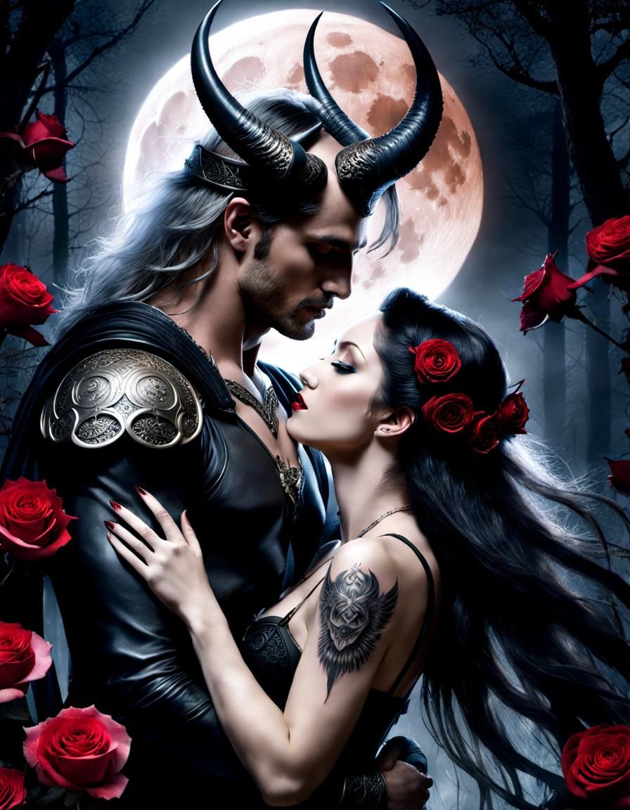 Angelic Man and Demoness Kiss under Moonlight