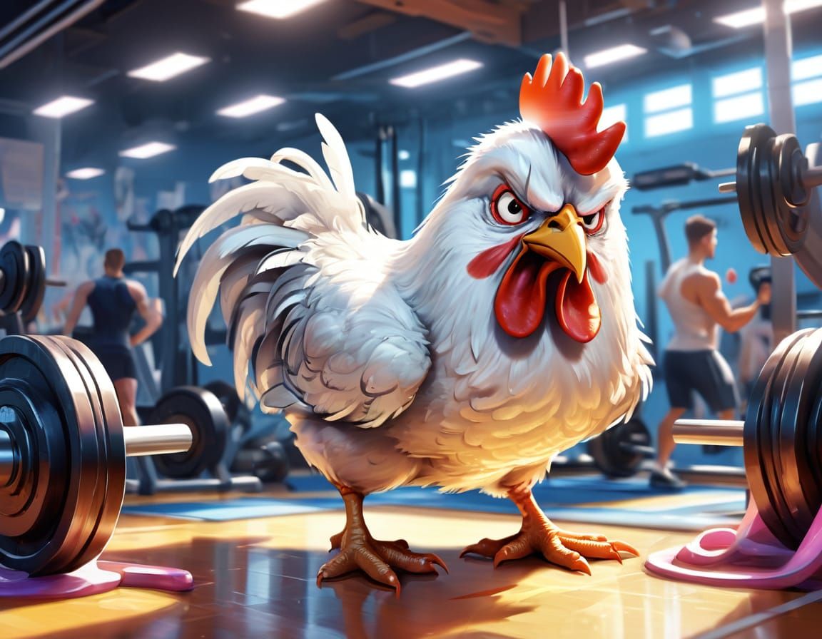 Grumpy Gym Chicken Illustration in Cheerful Style