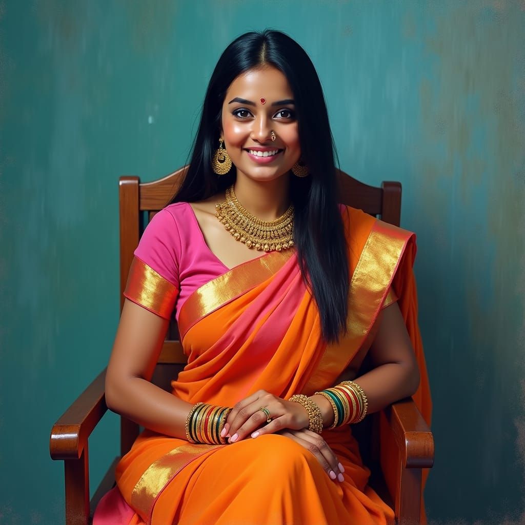 Indian Model in Sari: Oil Painting Portrait