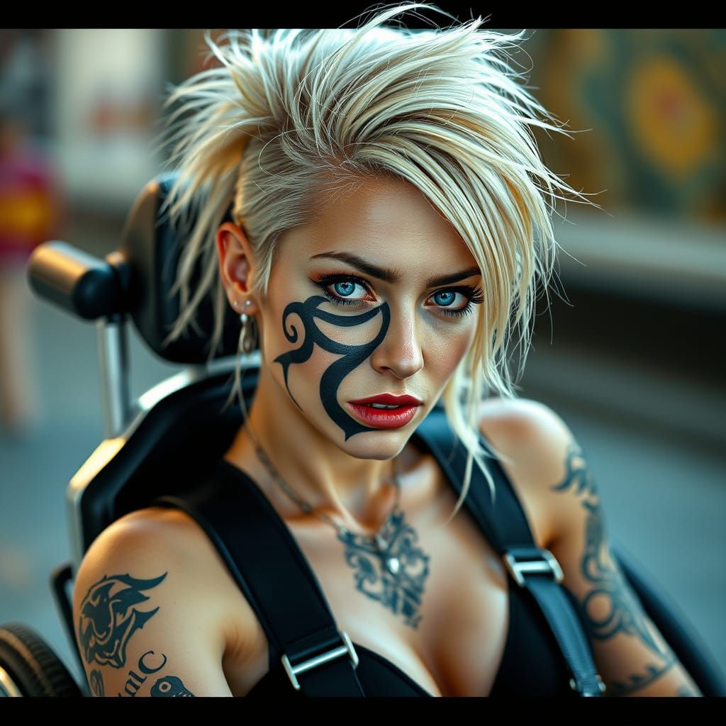 Blonde Punk Woman in Electric Wheelchair with Bold Tattoo
