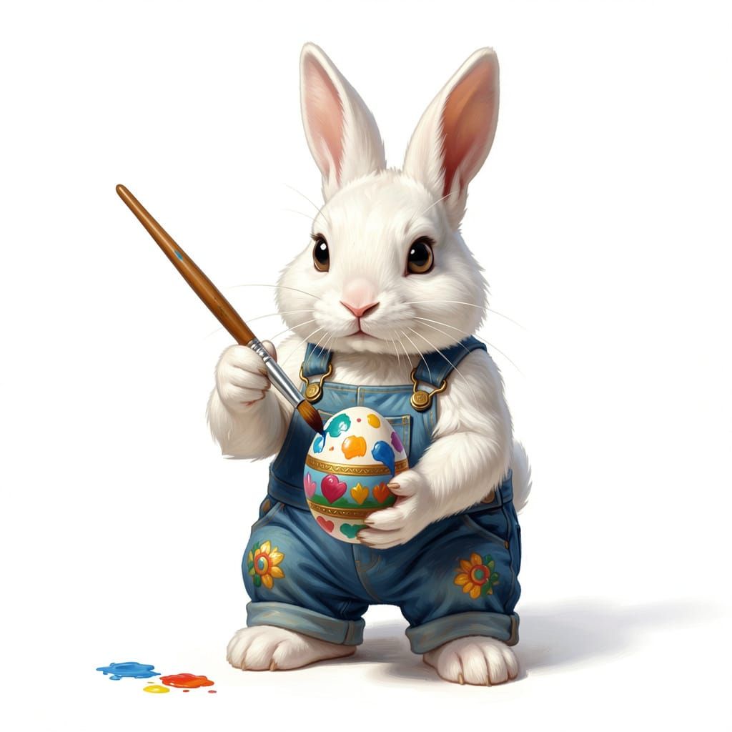 Easter Bunny Painting an Egg in Detailed Oil Style
