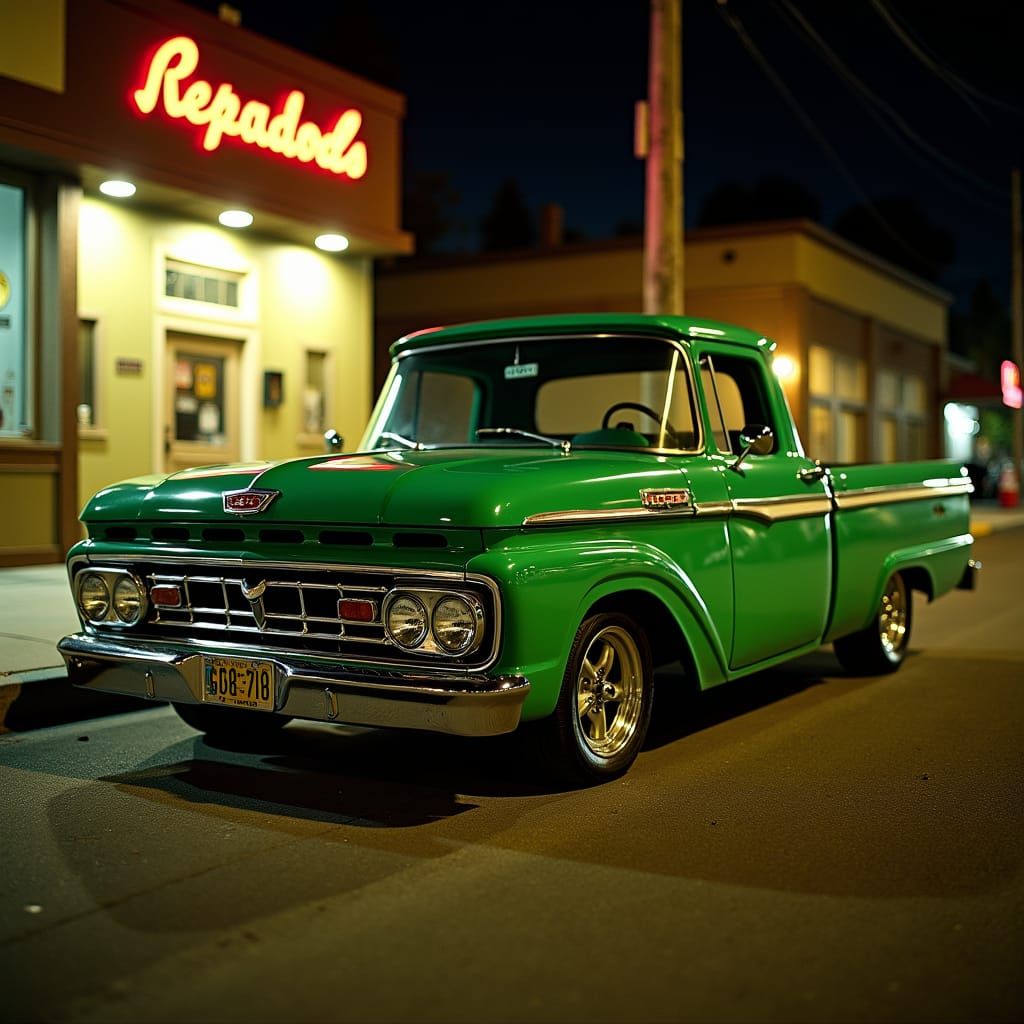 1960s Ford V8 Downtown at Night in Cinematic Style