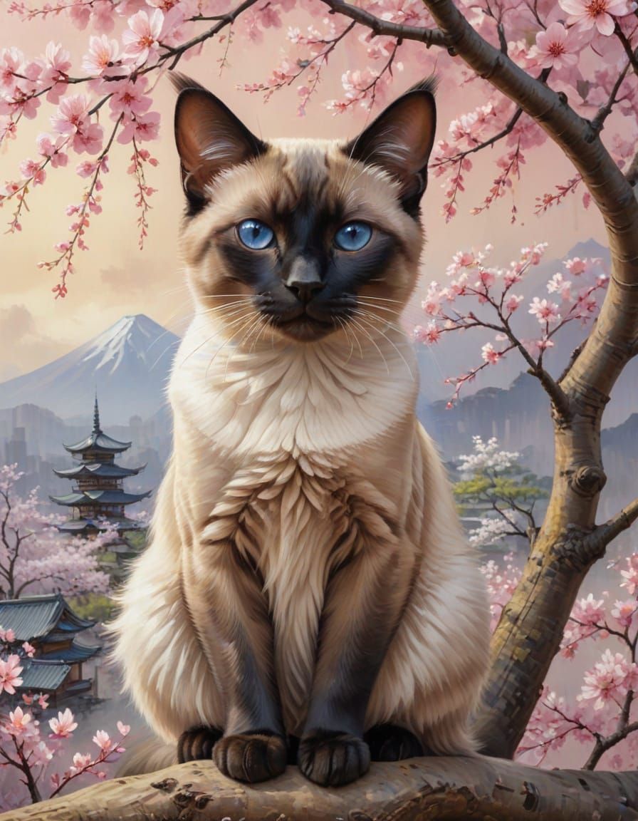 Vibrant Siamese Cat Amidst Cherry Blossoms in Japanese Garde...