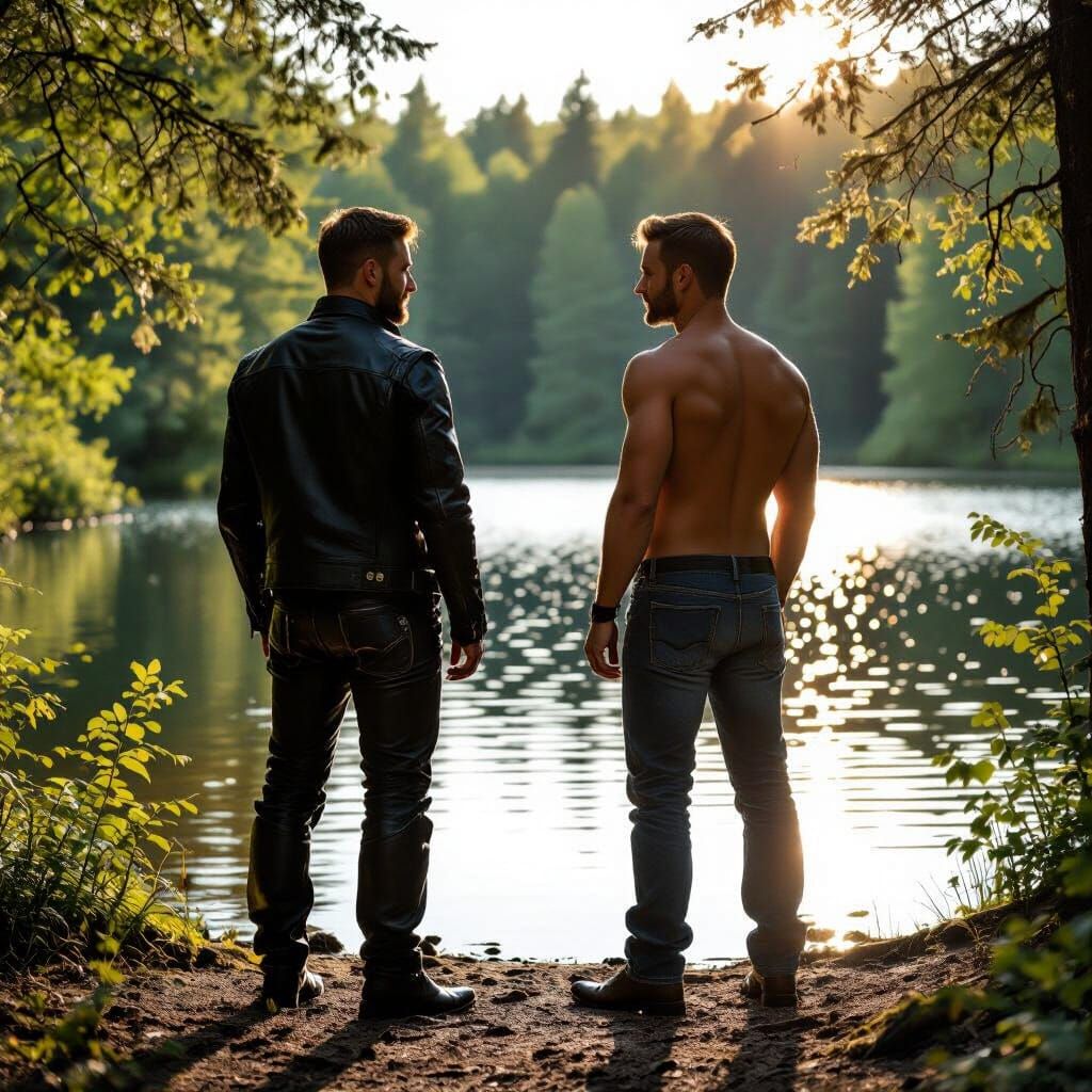 Two Bearded Men by Forest Lake in Golden Hour Light