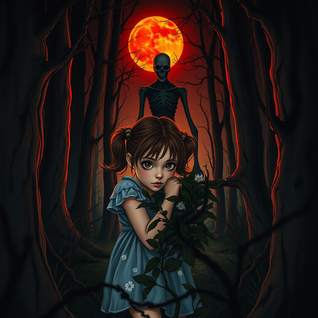 Girl Hiding from a Pale Figure Under Blood Moon