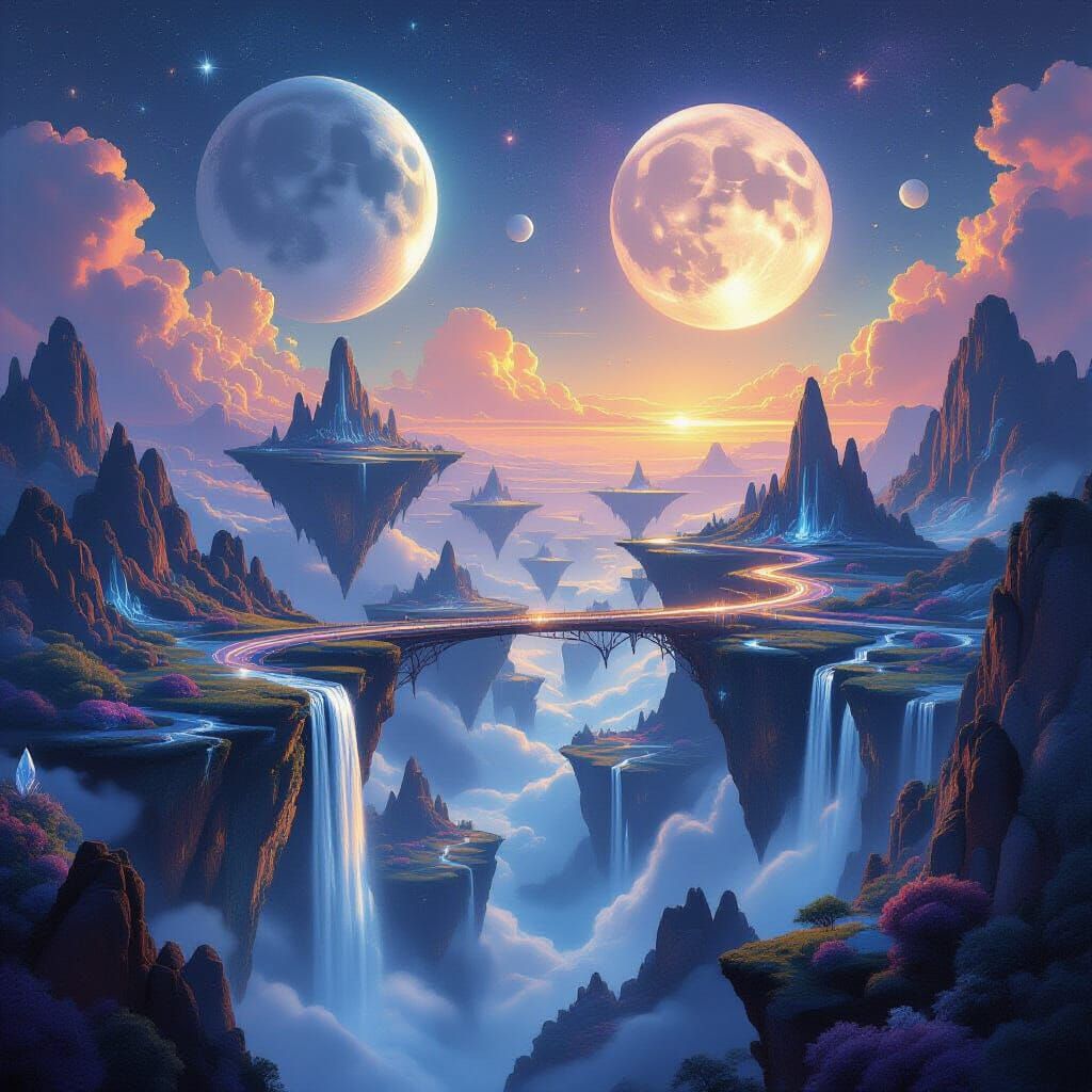 Floating Islands With Energy Bridges Under Twin Moons