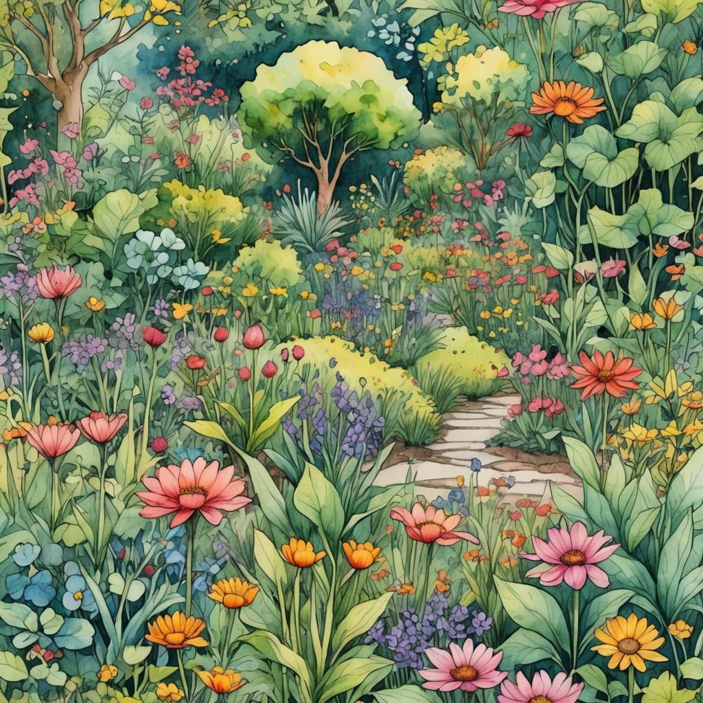 Utopian Garden Park in Watercolor and Ink