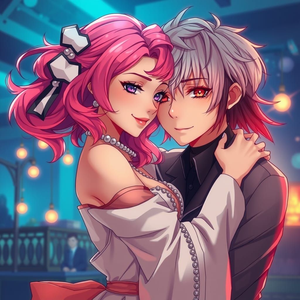 Anime Embrace: Pink-Haired Woman and White-Haired Man