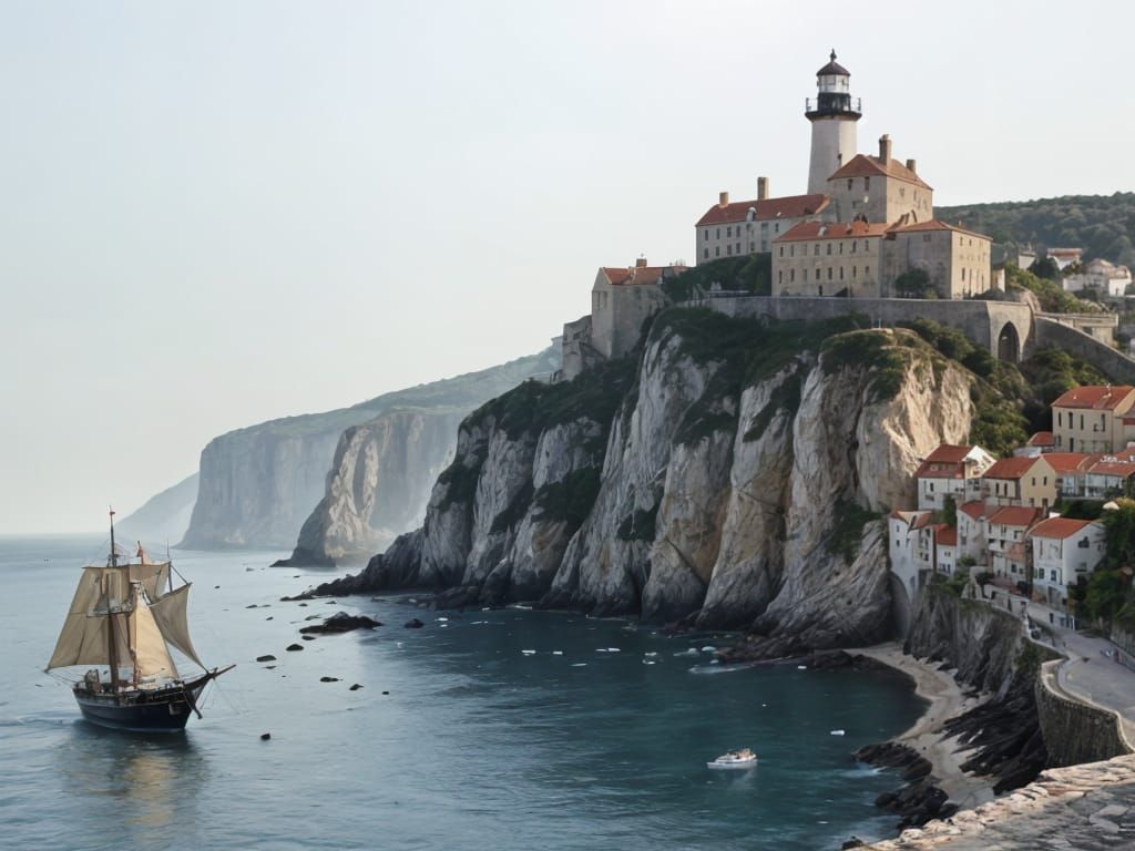 Medieval European Coastal Town at Sunset