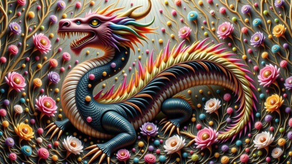 Gothic Baroque Fantasy Dragon in Opulent Textile Landscape