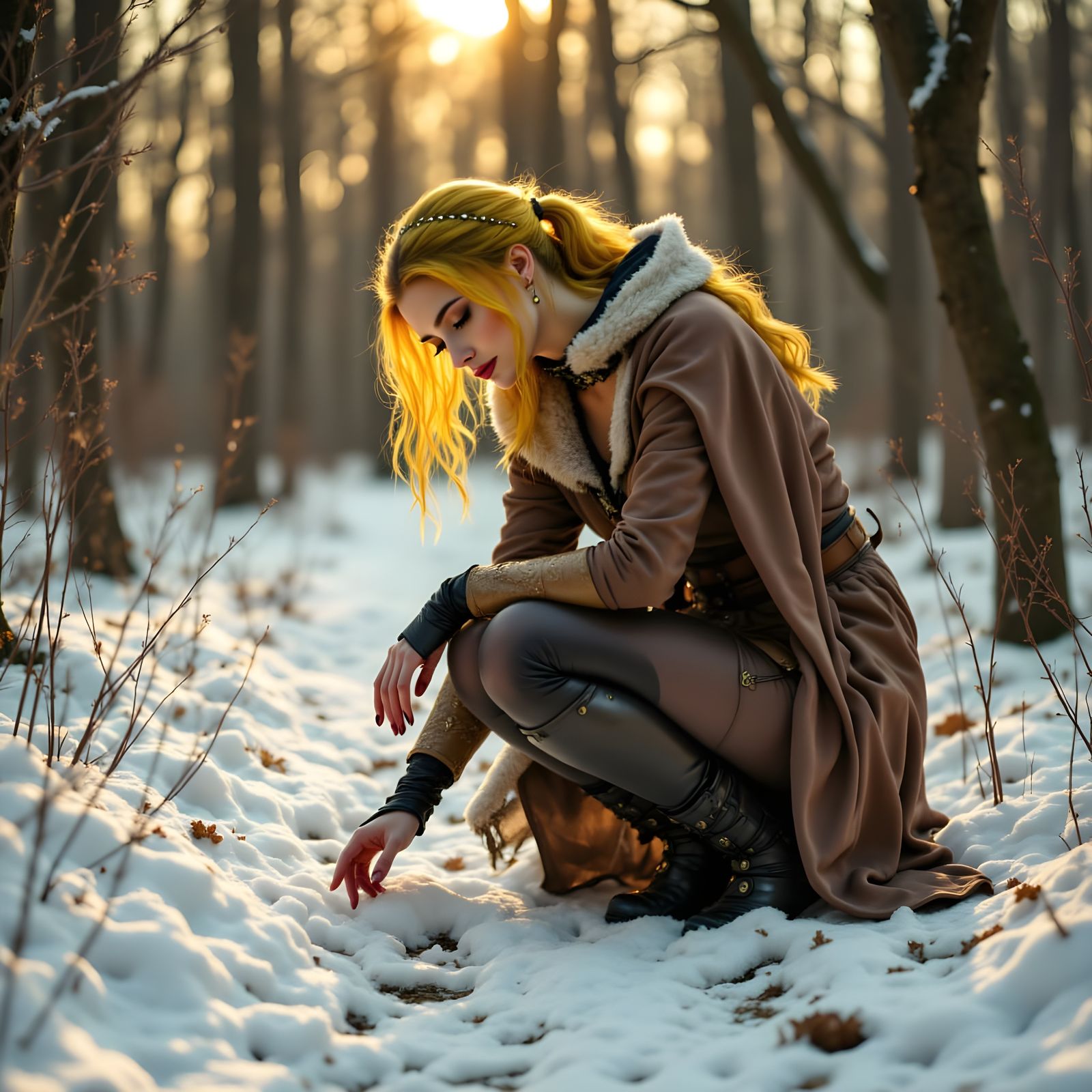 Norse Goddess Examines Footprints in Hyperrealistic Scene