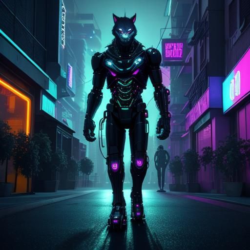 Cybernetic Werewolf on Neon City Street